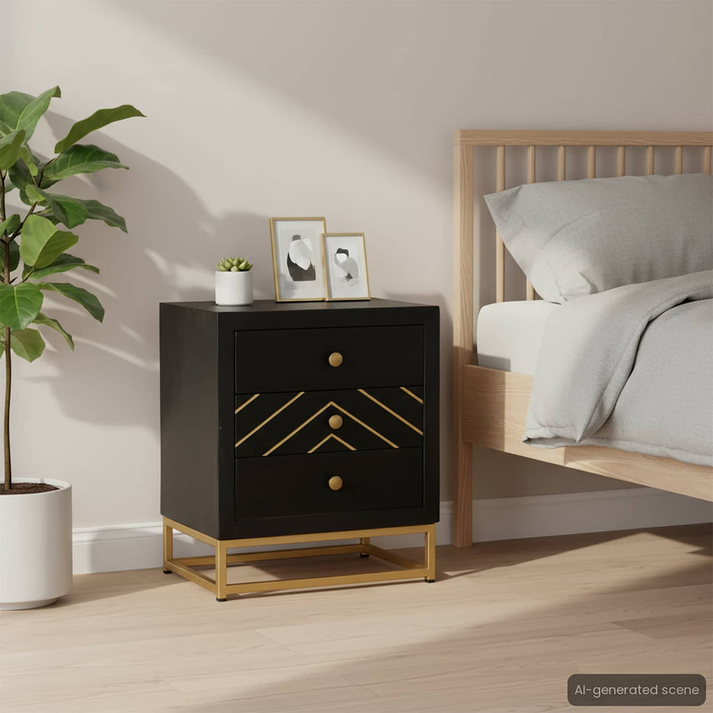 Nachttisch Schwarz und Golden 40 x 30 x 50 cm Mango Massivholz
