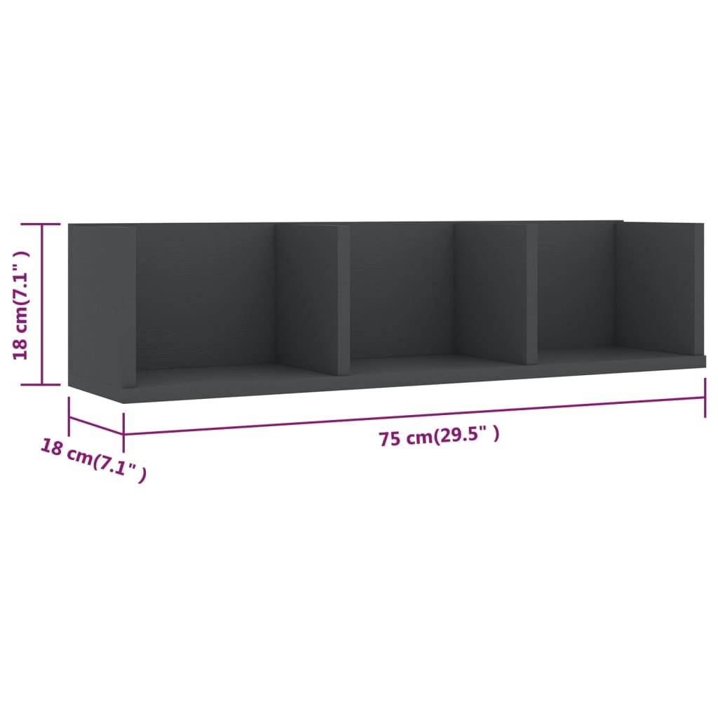 CD-Wandregal Grau 75x18x18 cm Holzwerkstoff