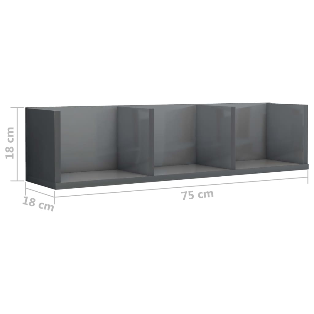 CD-Wandregal Hochglanz-Grau 75x18x18 cm Holzwerkstoff