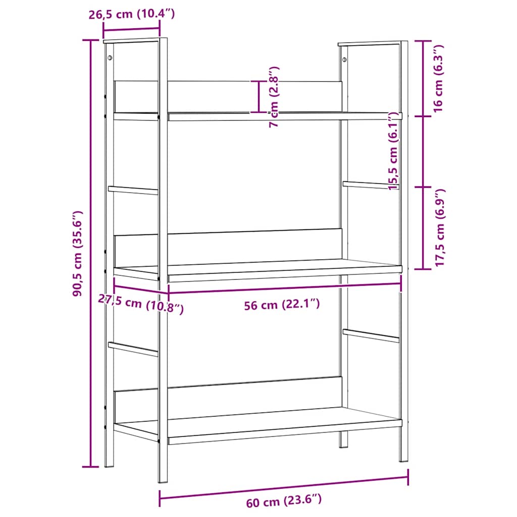 Bücherregal 3 Regalböden Eiche 60×27,6×90,5 cm Holzwerkstoff