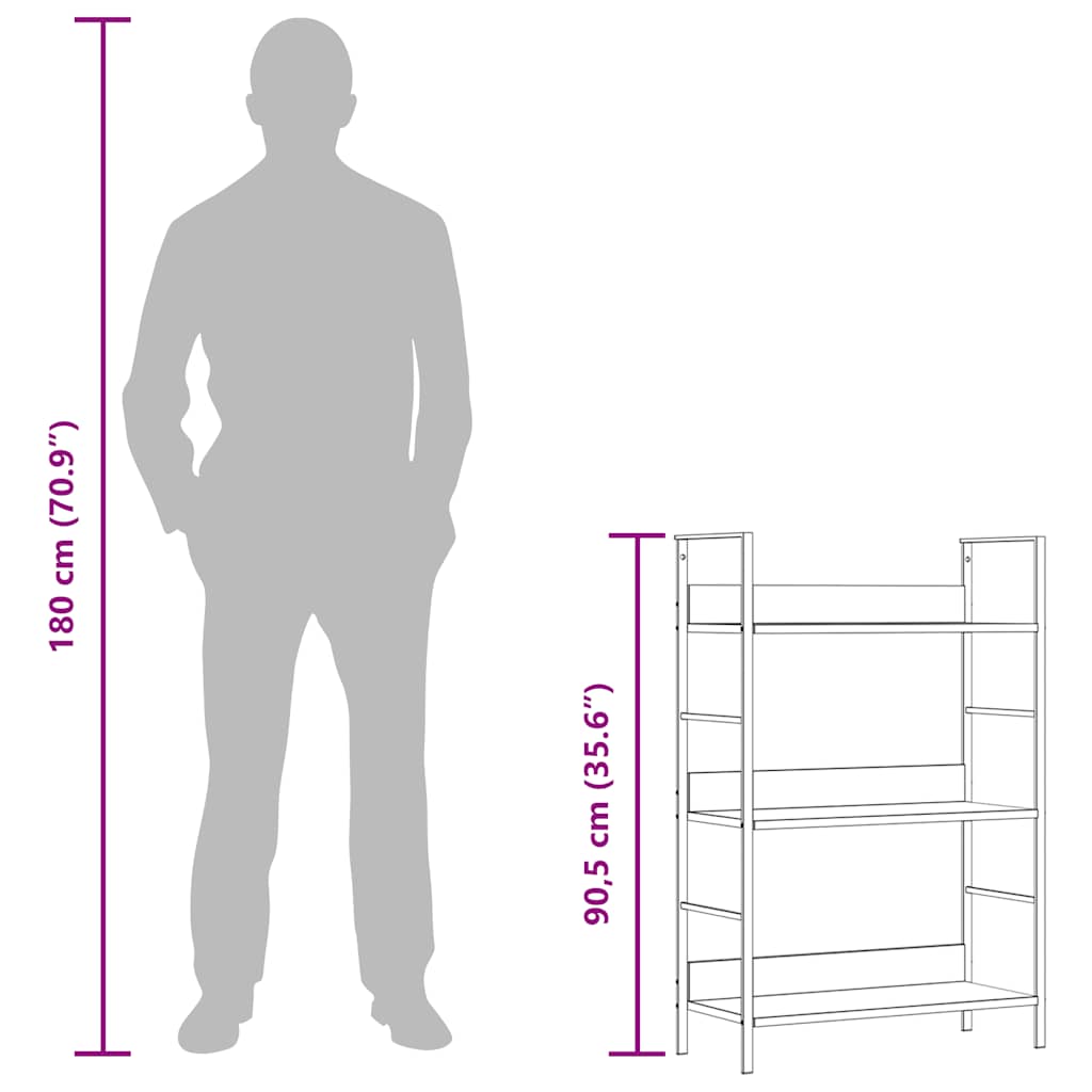 Bücherregal 3 Regalböden Eiche 60×27,6×90,5 cm Holzwerkstoff