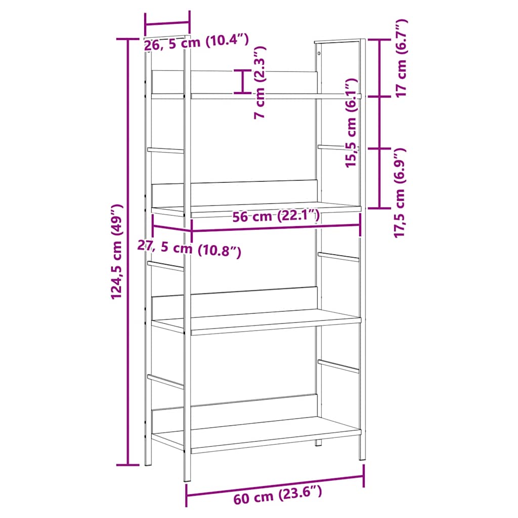 Bücherregal 4 Regalböden Eiche 60×27,6×124,5 cm Holzwerkstoff