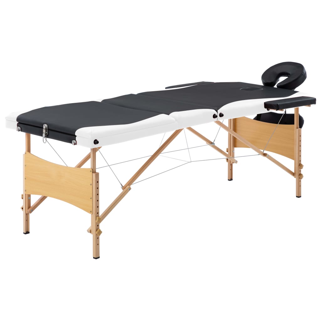 Massageliege Klappbar 3-Zonen mit Holzgestell Schwarz und Weiß