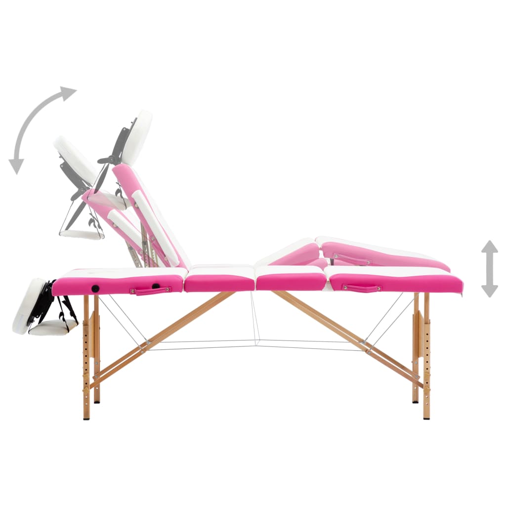 Massageliege Klappbar 4-Zonen mit Holzgestell Weiß und Rosa