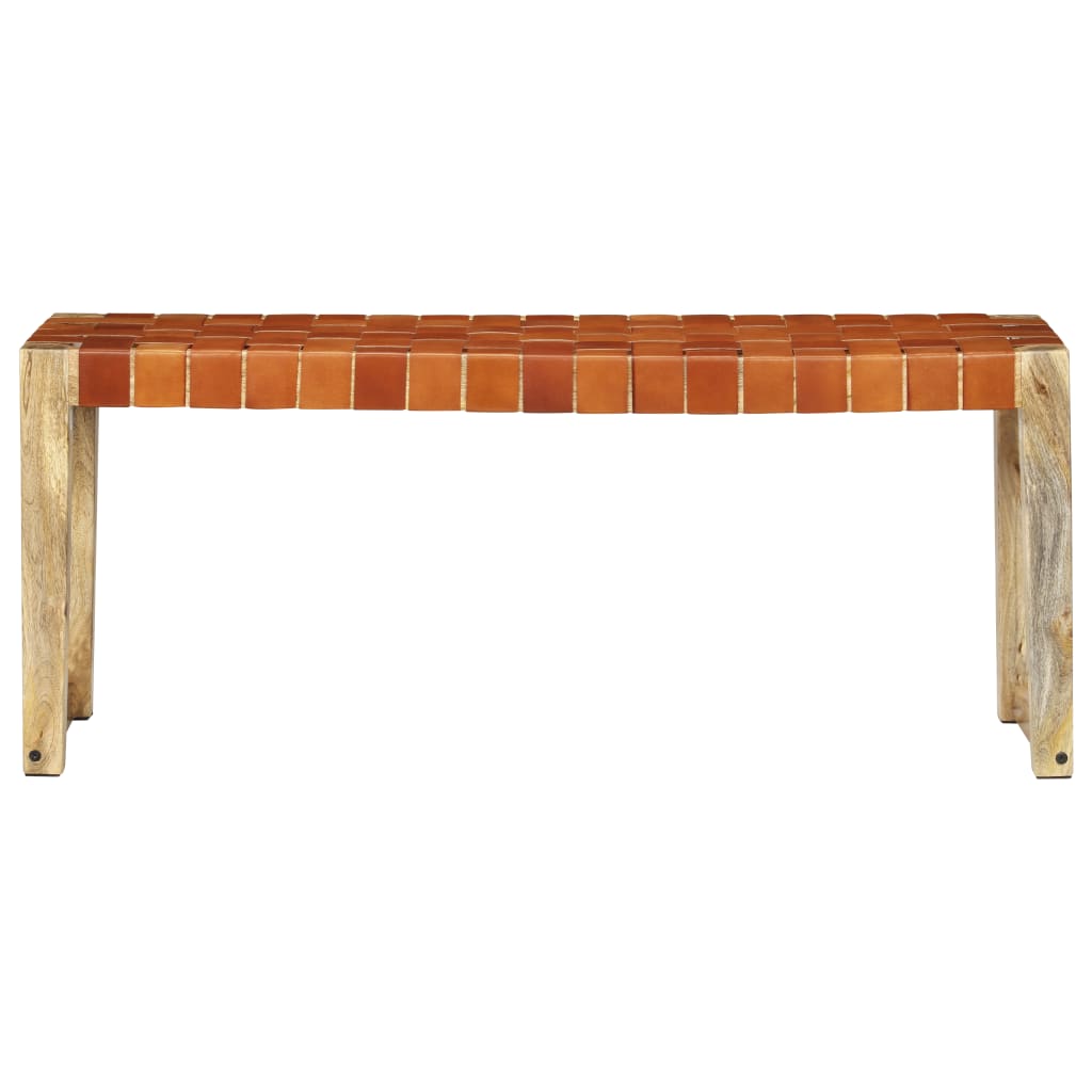 Bank 110 cm Braun Echtleder und Massivholz Mango
