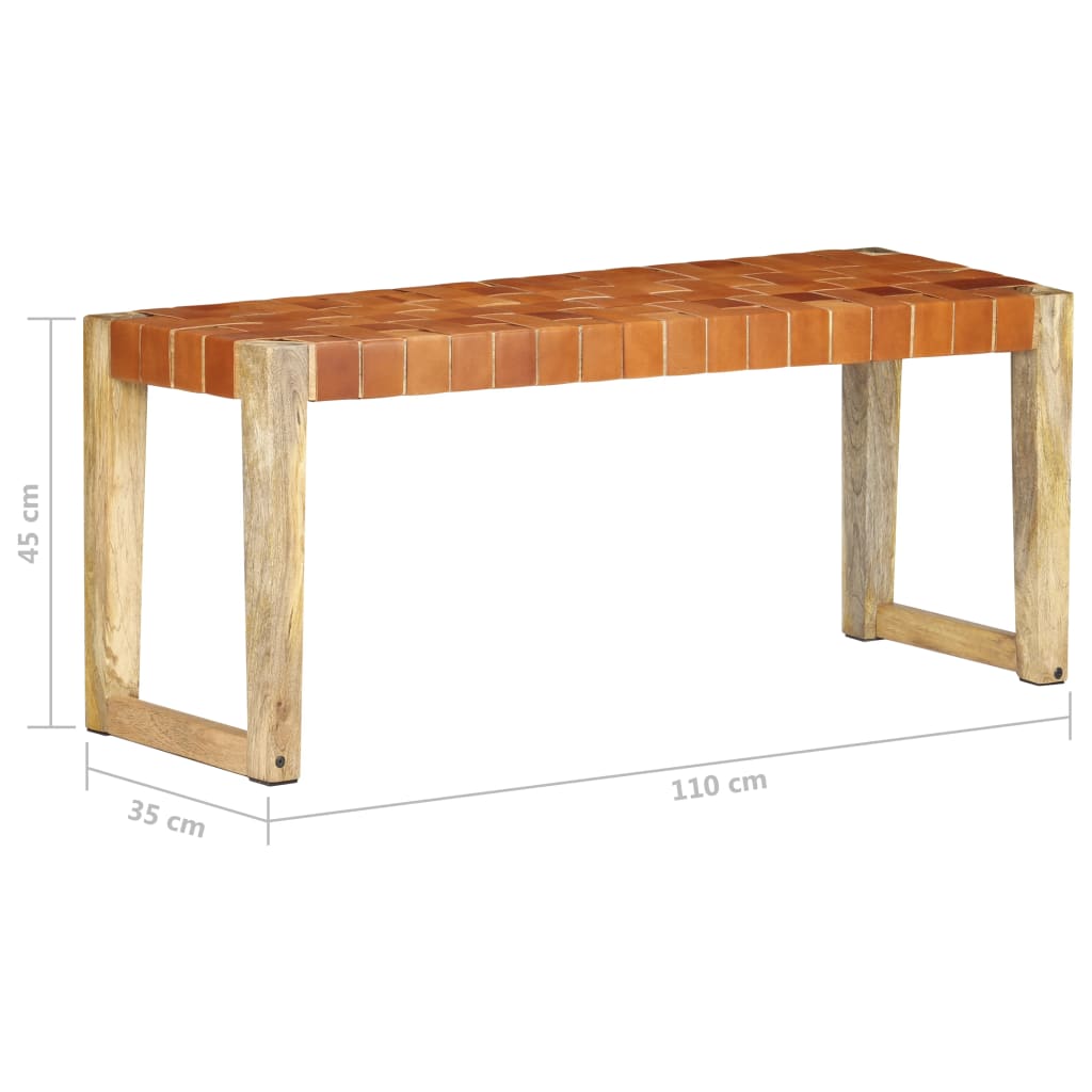 Bank 110 cm Braun Echtleder und Massivholz Mango