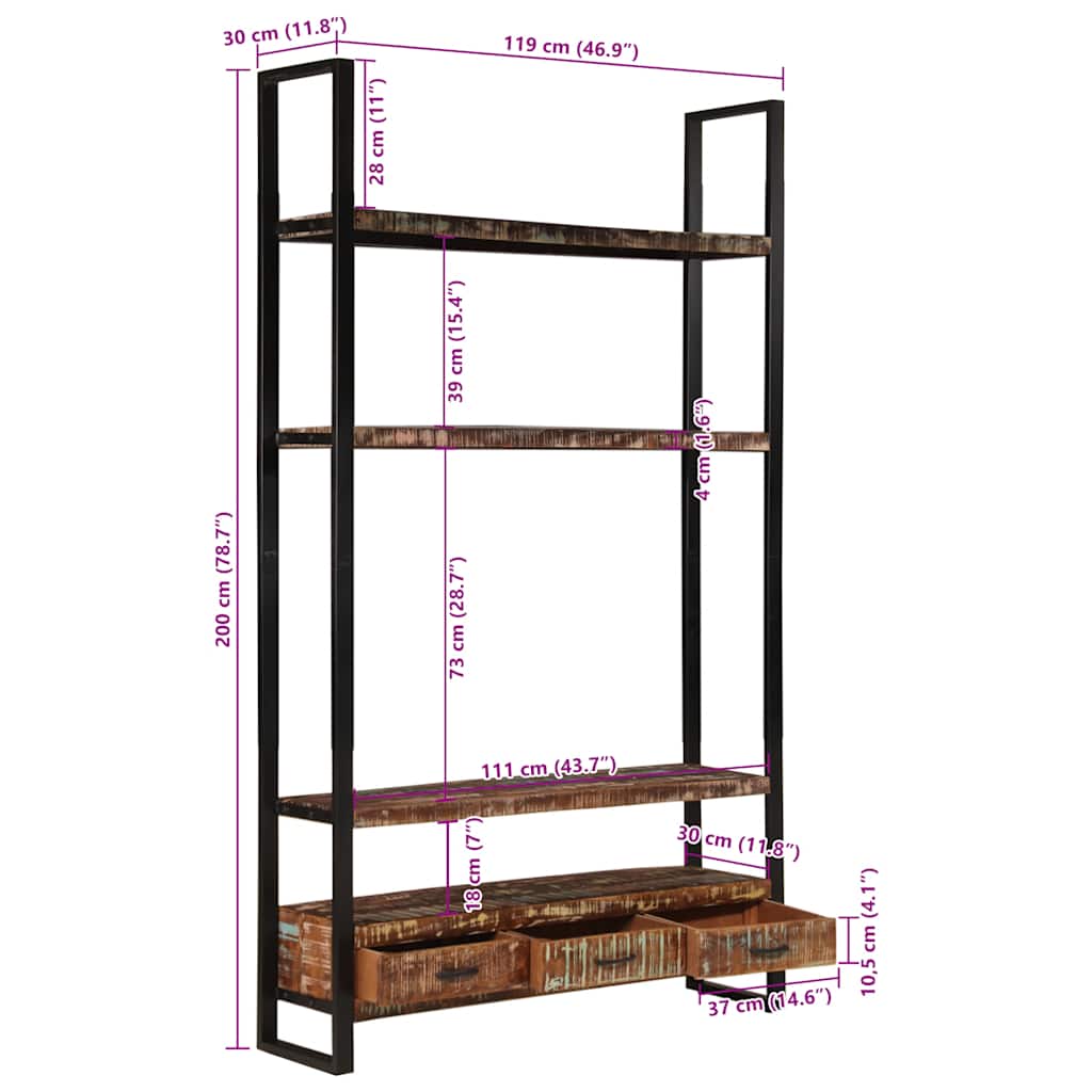 Bücherregal 118x30x200 cm Massives Altholz
