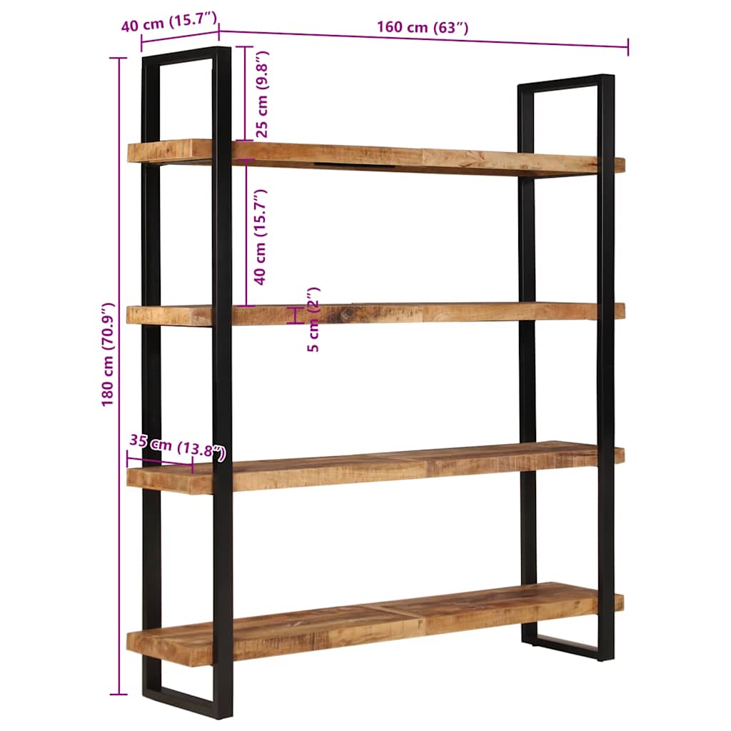 Bücherregal mit 4 Böden 160x40x180 cm Raues Mangoholz