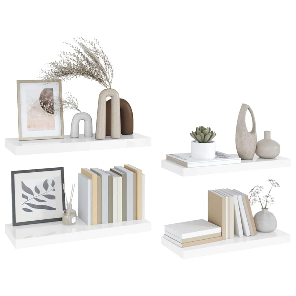 Schweberegale 4 Stk. Hochglanz-Weiß 60x23,5x3,8 cm MDF