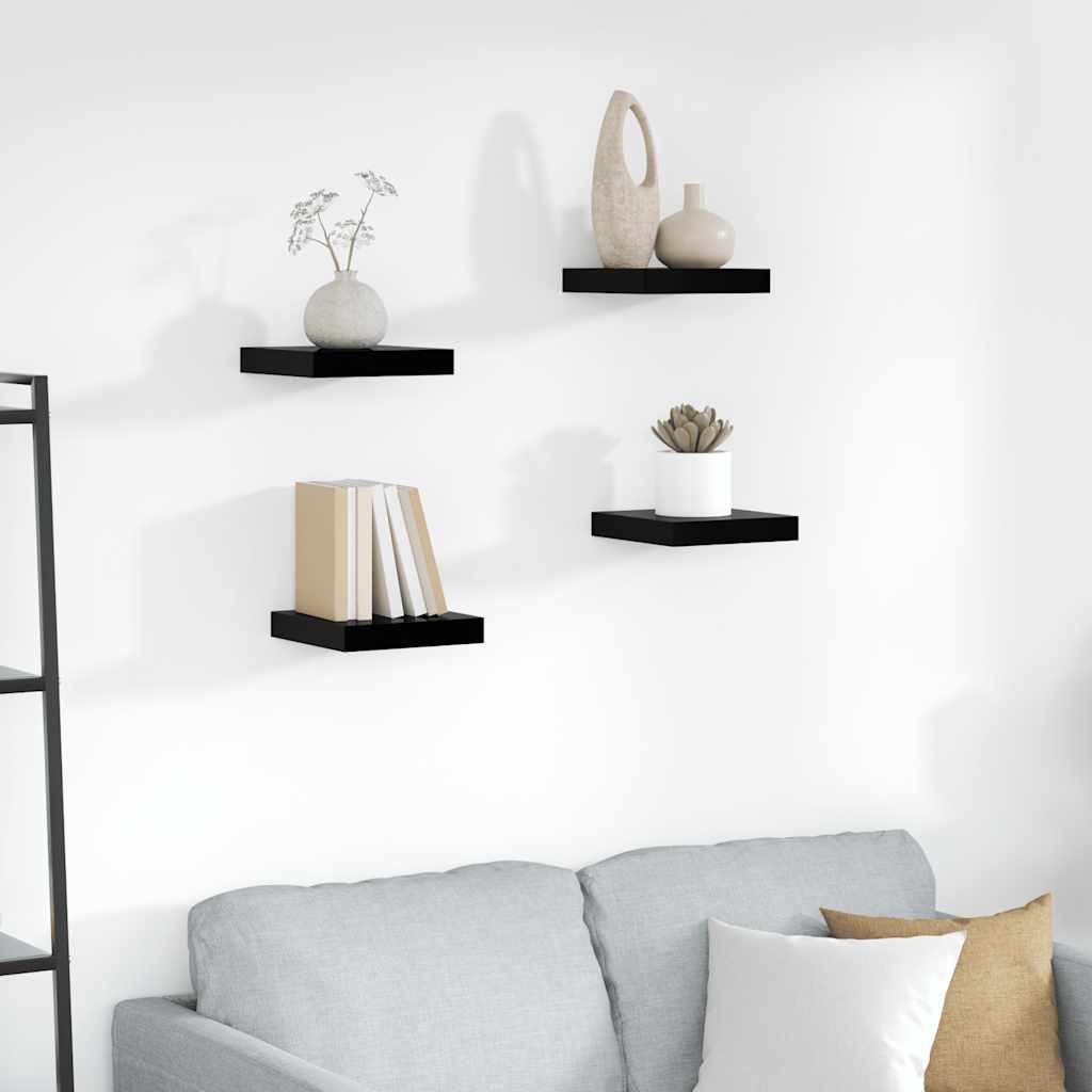 Schweberegale 4 Stk. Hochglanz-Schwarz 23x23,5x3,8 cm MDF