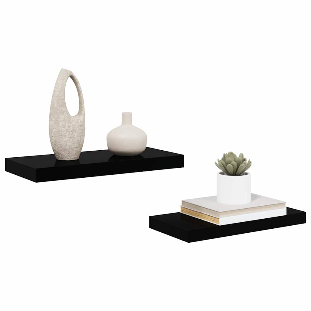 Schweberegale 2 Stk. Hochglanz-Schwarz 50x23x3,8 cm MDF