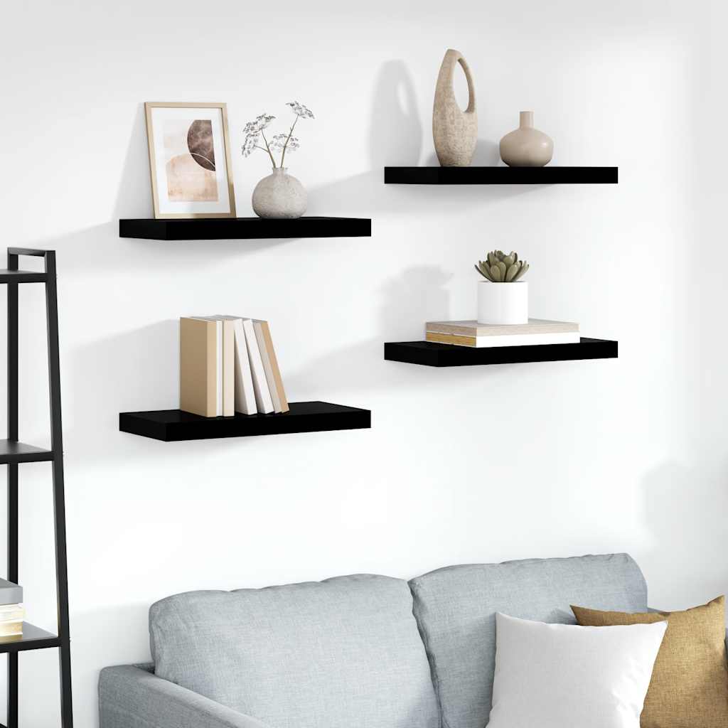 Schweberegale 4 Stk. Hochglanz-Schwarz 50x23x3,8 cm MDF