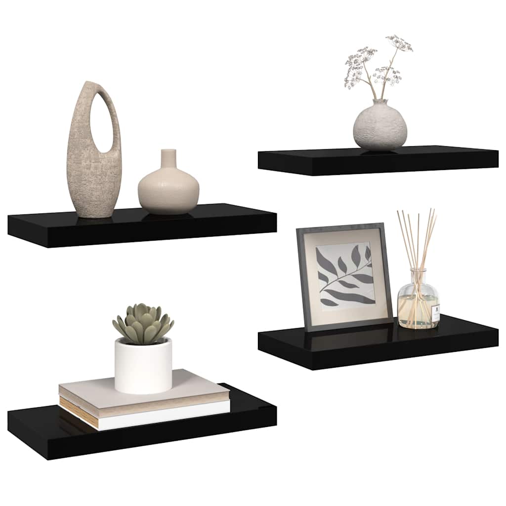 Schweberegale 4 Stk. Hochglanz-Schwarz 50x23x3,8 cm MDF