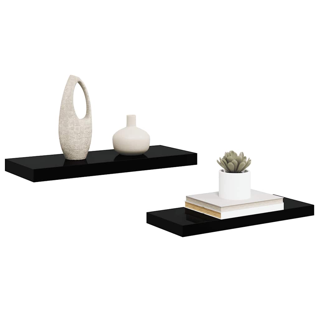 Schweberegale 2 Stk. Hochglanz-Schwarz 60x23,5x3,8 cm MDF