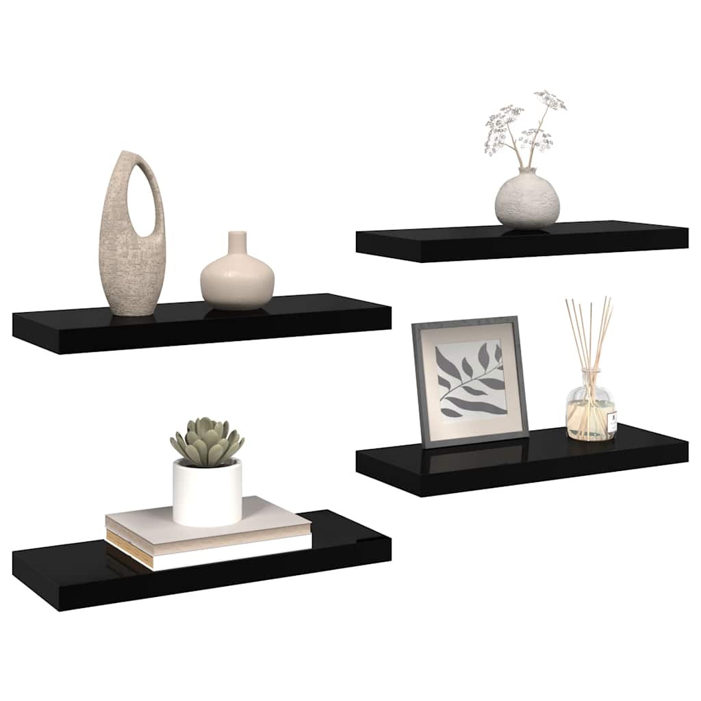 Schweberegale 4 Stk. Hochglanz-Schwarz 60x23,5x3,8 cm MDF