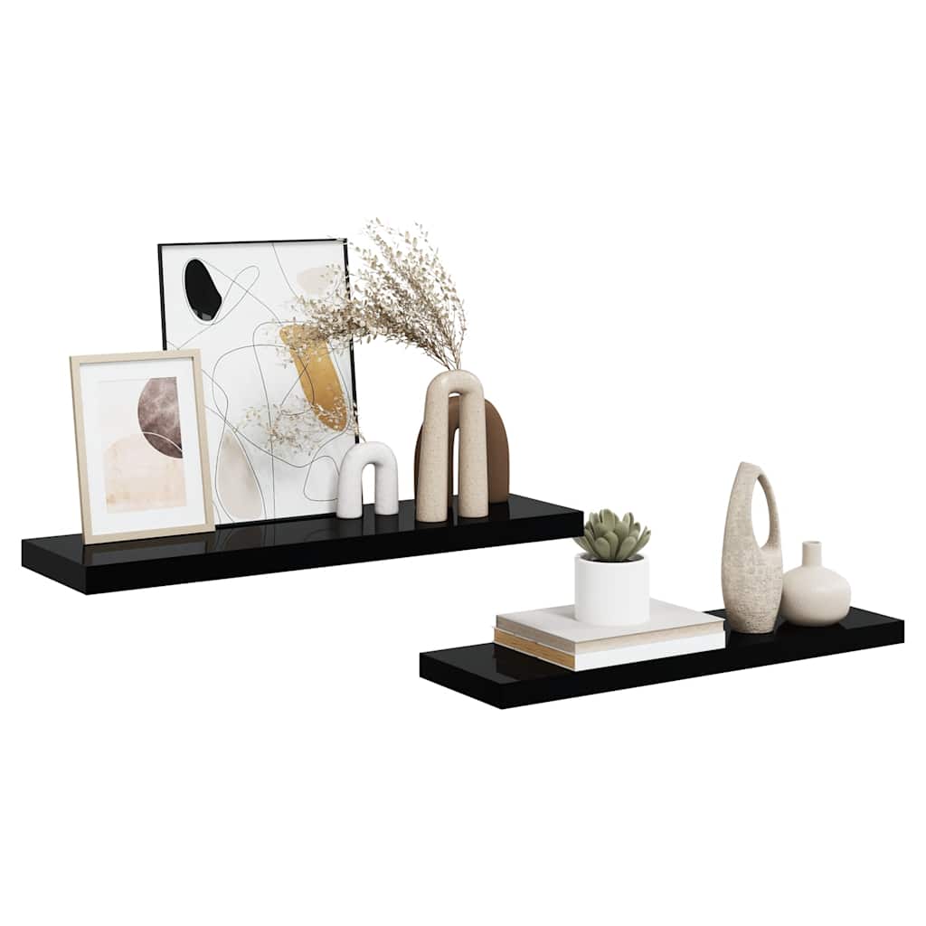 Schweberegale 2 Stk. Hochglanz-Schwarz 80x23,5x3,8 cm MDF