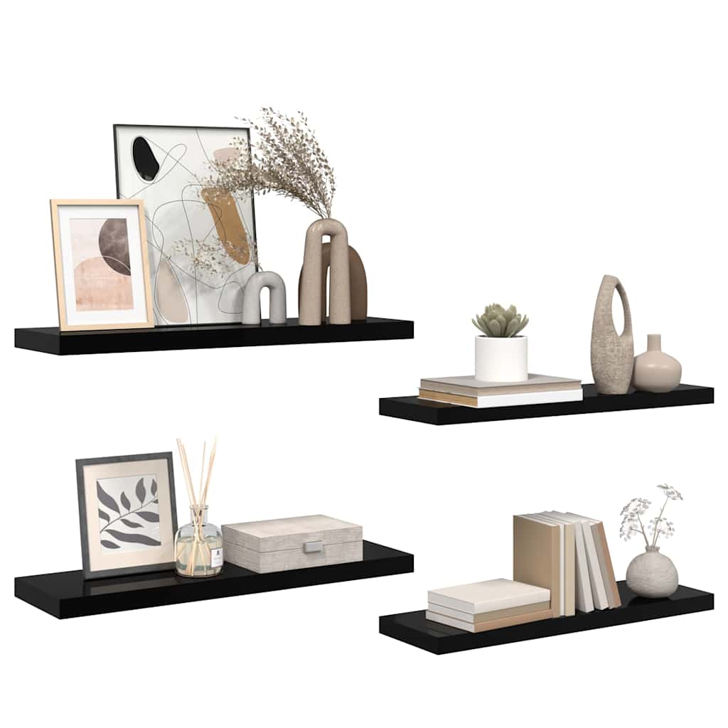 Schweberegale 4 Stk. Hochglanz-Schwarz 80x23,5x3,8 cm MDF