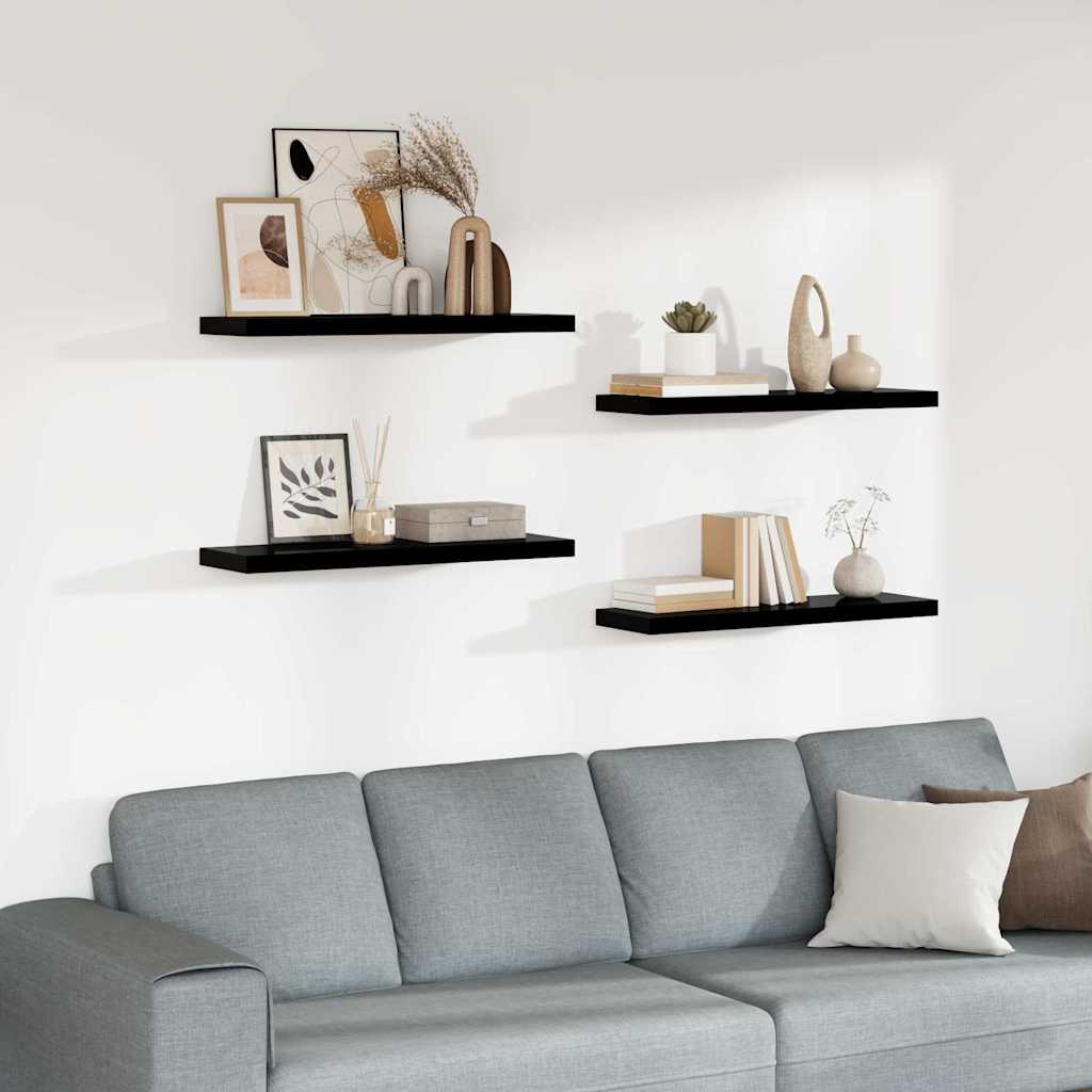 Schweberegale 4 Stk. Hochglanz-Schwarz 80x23,5x3,8 cm MDF