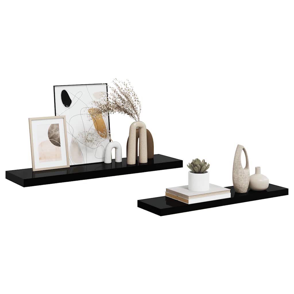 Schweberegale 2 Stk. Hochglanz-Schwarz 90x23,5x3,8 cm MDF