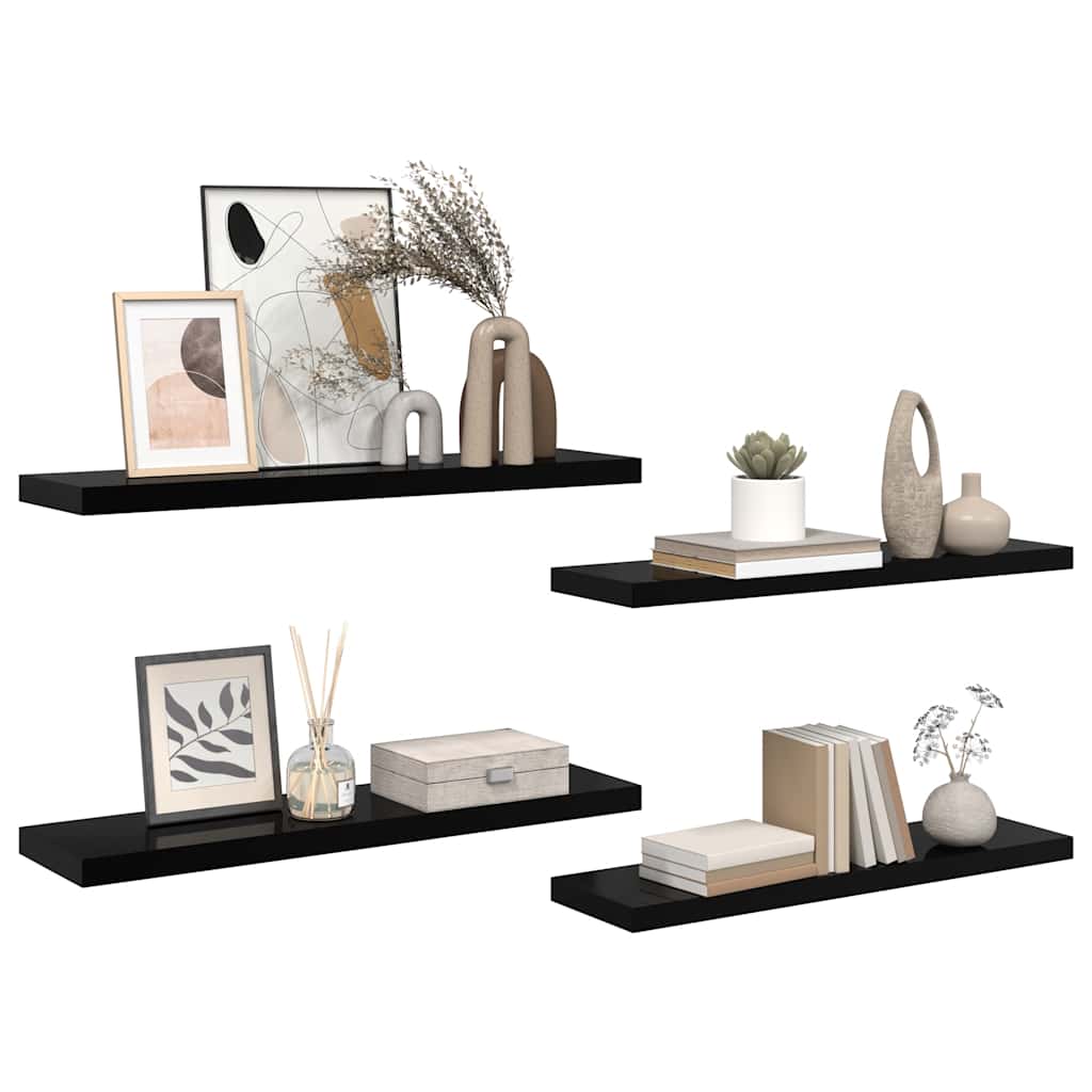 Wandregale Schwebend 4 Stk. Hochglanz-Schwarz 90x23,5x3,8cm MDF