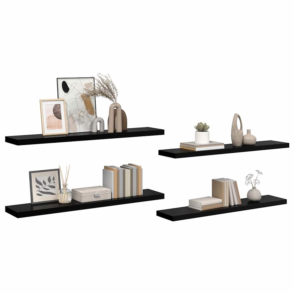 Schweberegale 4 Stk. Hochglanz-Schwarz 120x23,5x3,8 cm MDF