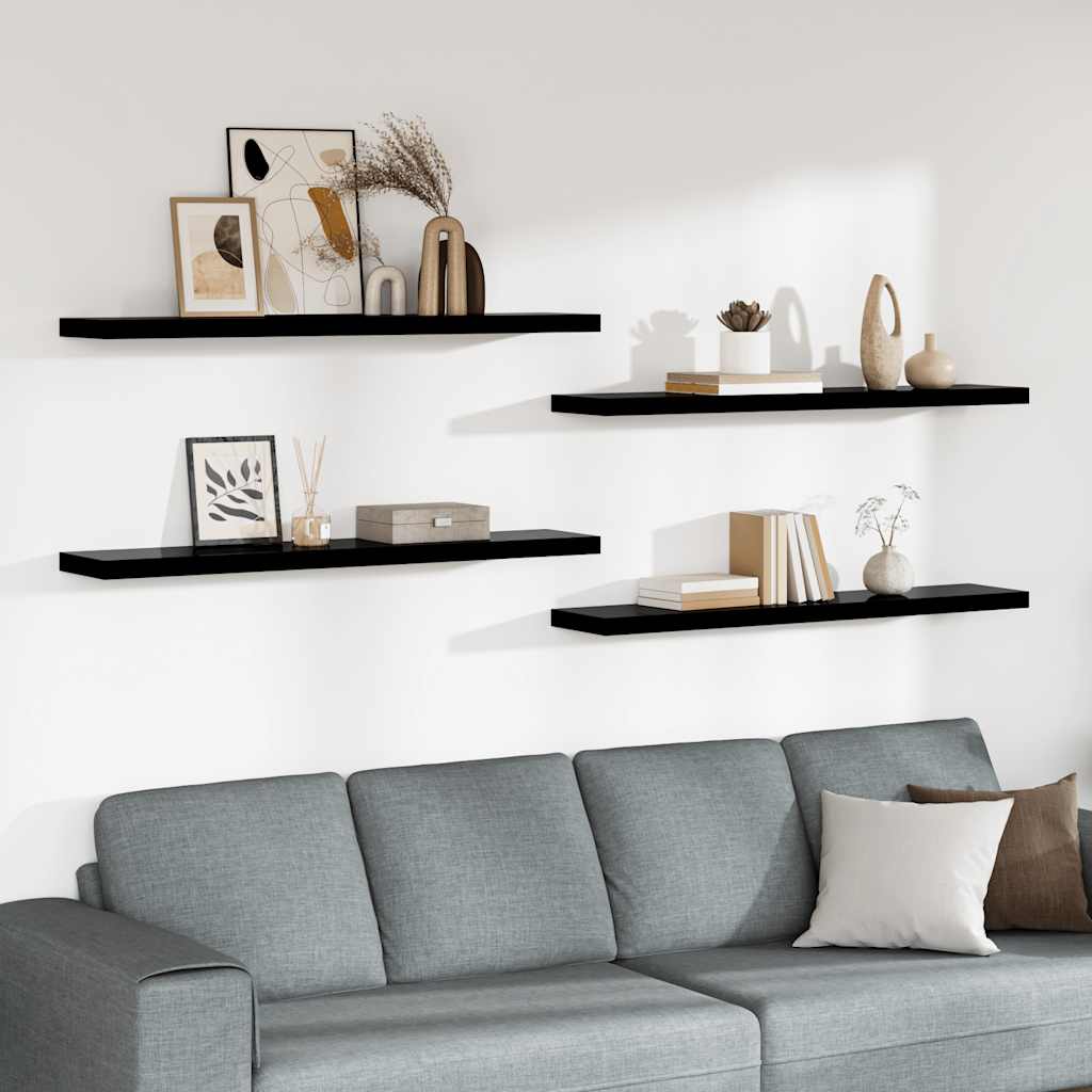 Schweberegale 4 Stk. Hochglanz-Schwarz 120x23,5x3,8 cm MDF