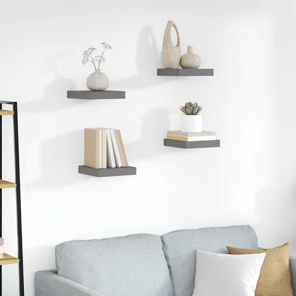 Schweberegale 4 Stk. Hochglanz-Grau 23x23,5x3,8 cm MDF