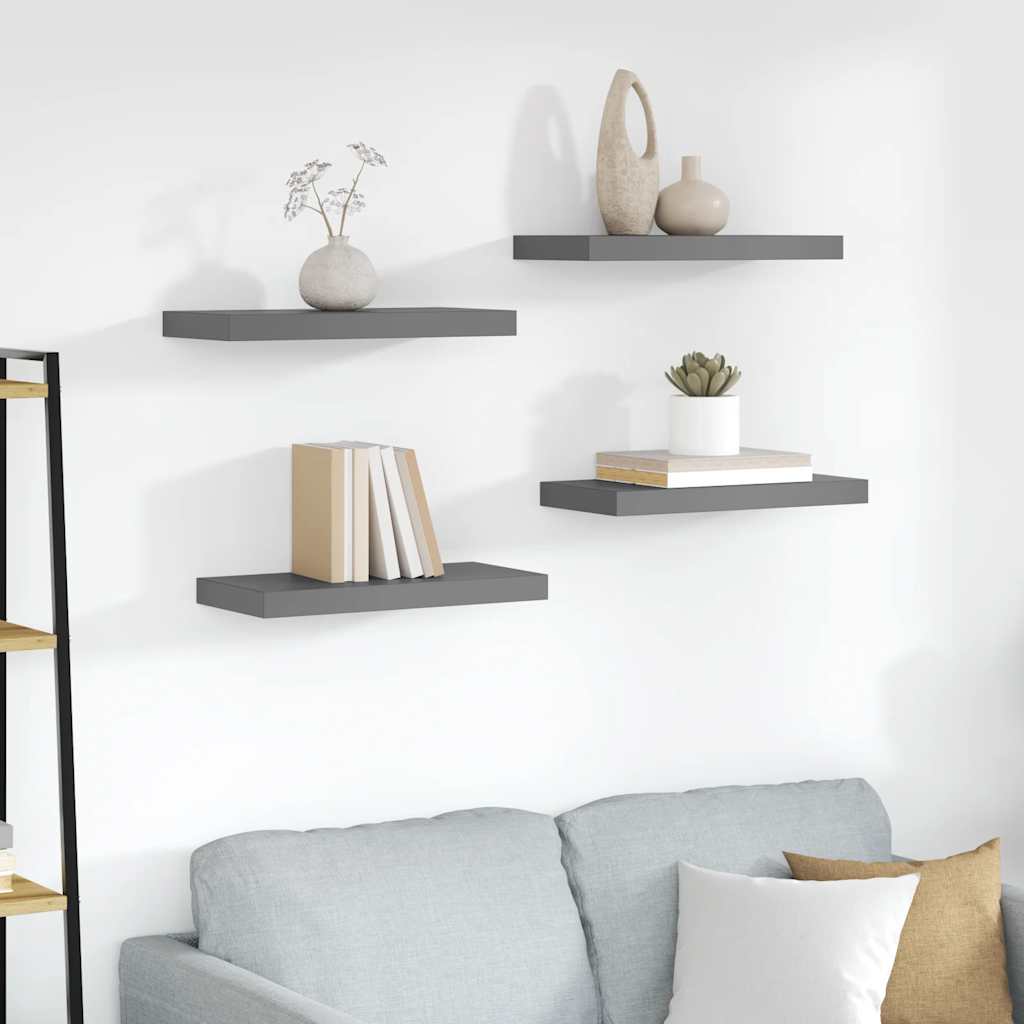 Schweberegale 4 Stk. Hochglanz-Grau 50x23x3,8 cm MDF