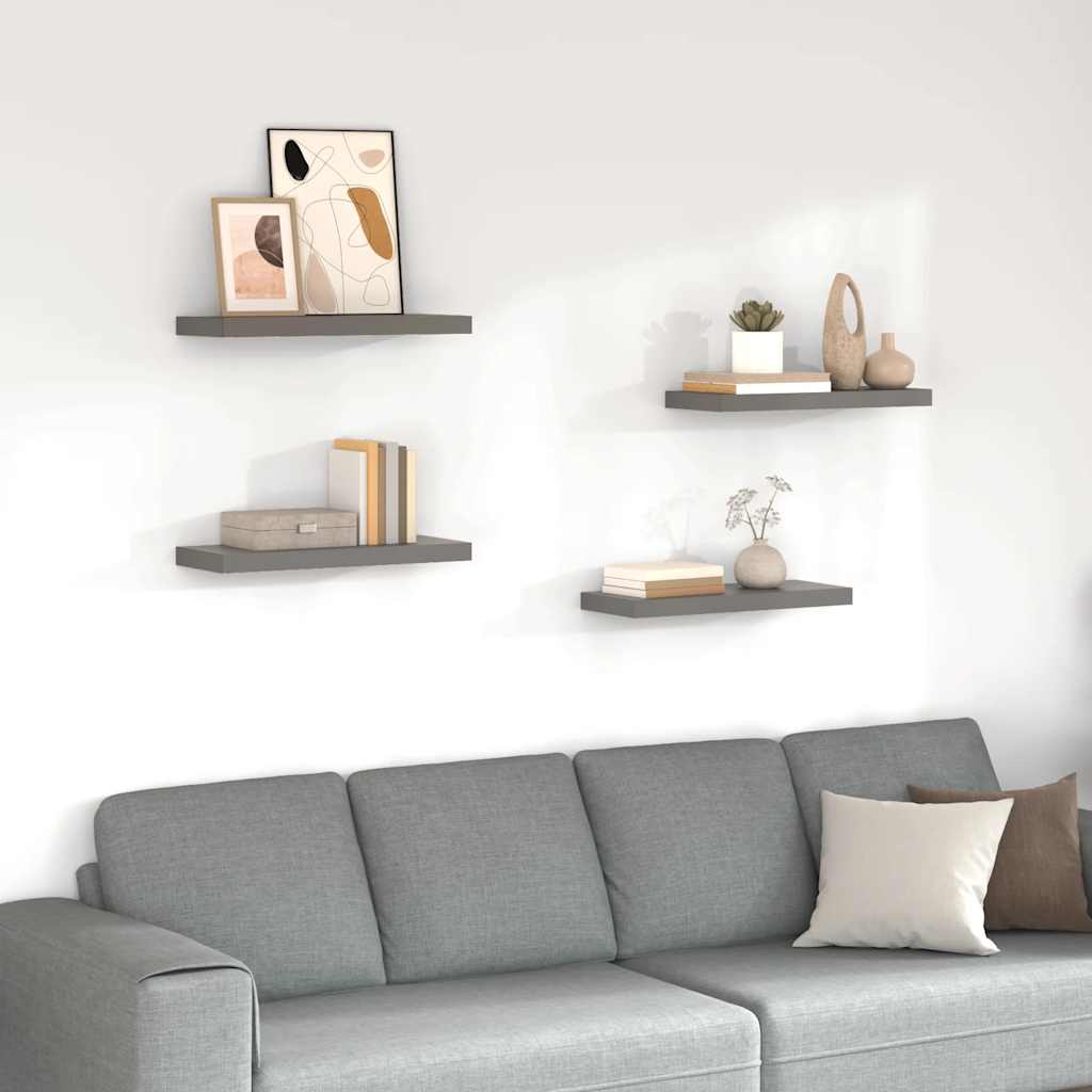 Schweberegale 4 Stk. Hochglanz-Grau 60x23,5x3,8 cm MDF