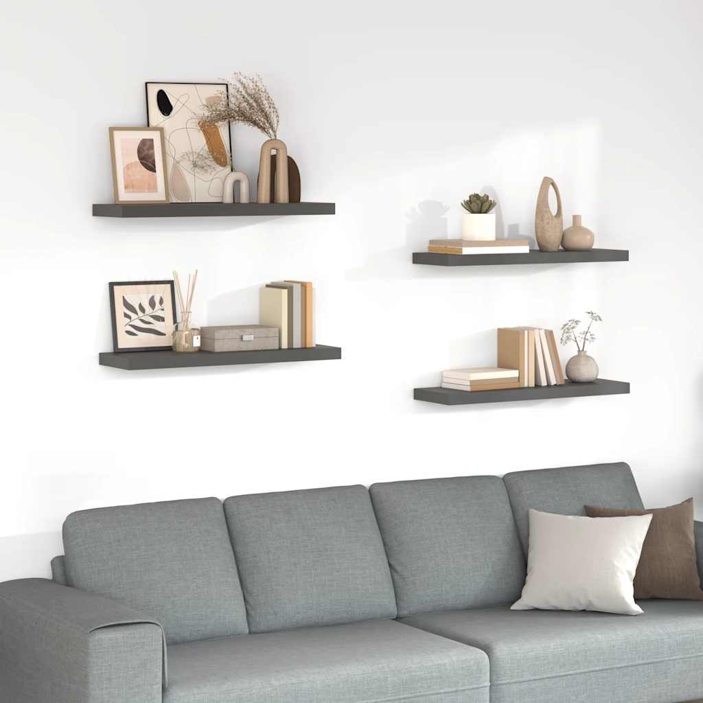 Schweberegale 4 Stk. Hochglanz-Grau 80x23,5x3,8 cm MDF