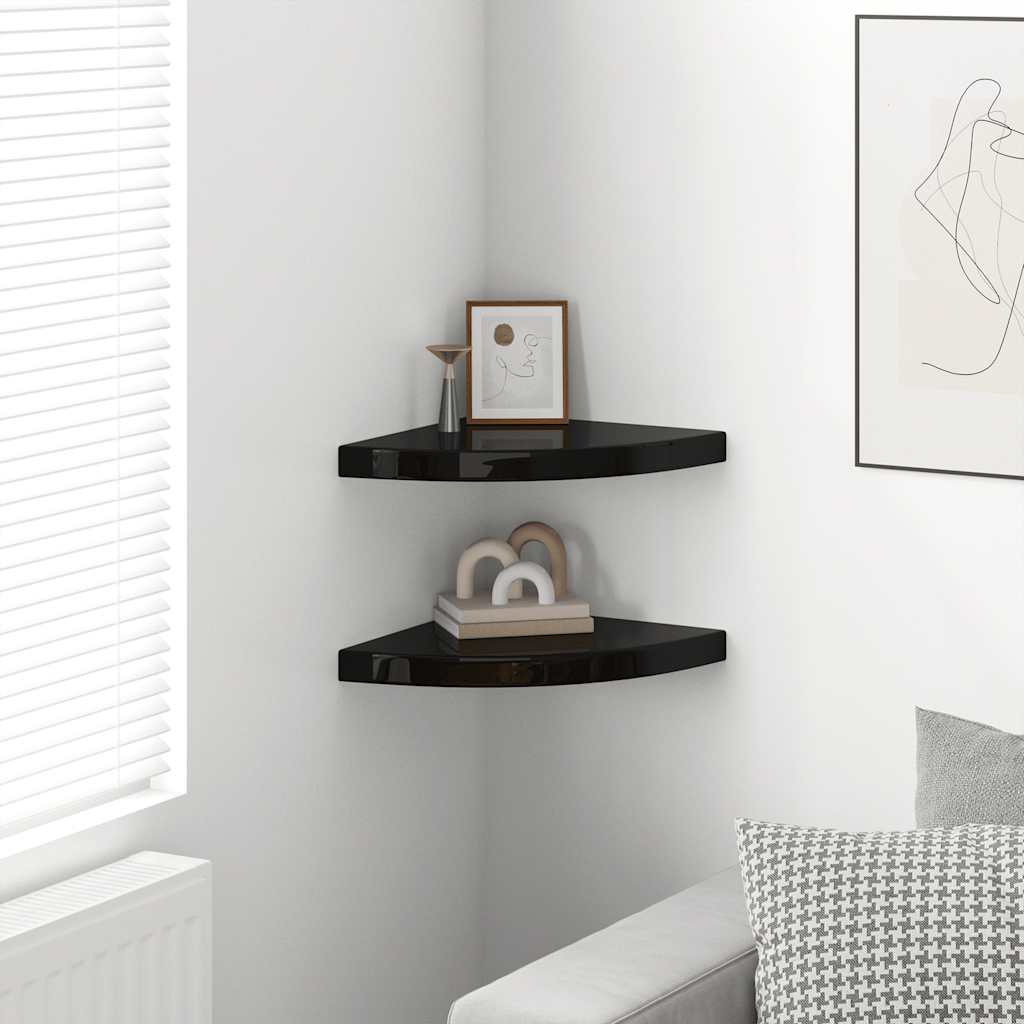 Eck-Schweberegale 2 Stk. Hochglanz-Schwarz 35x35x3,8 cm MDF