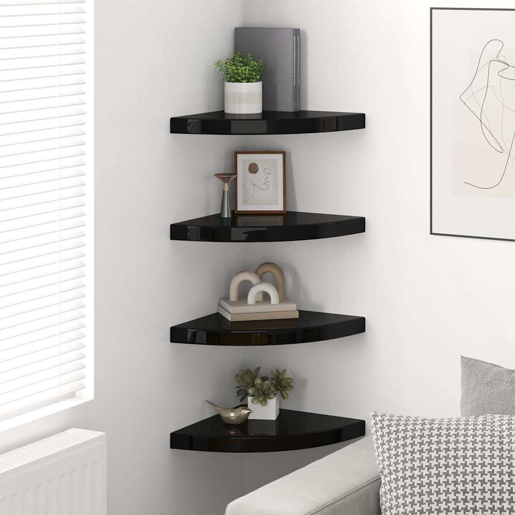 Eck-Schweberegale 4 Stk. Hochglanz-Schwarz 35x35x3,8 cm MDF