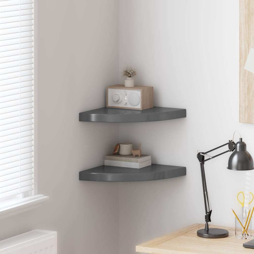 Eck-Schweberegale 2 Stk. Hochglanz-Grau 35x35x3,8 cm MDF