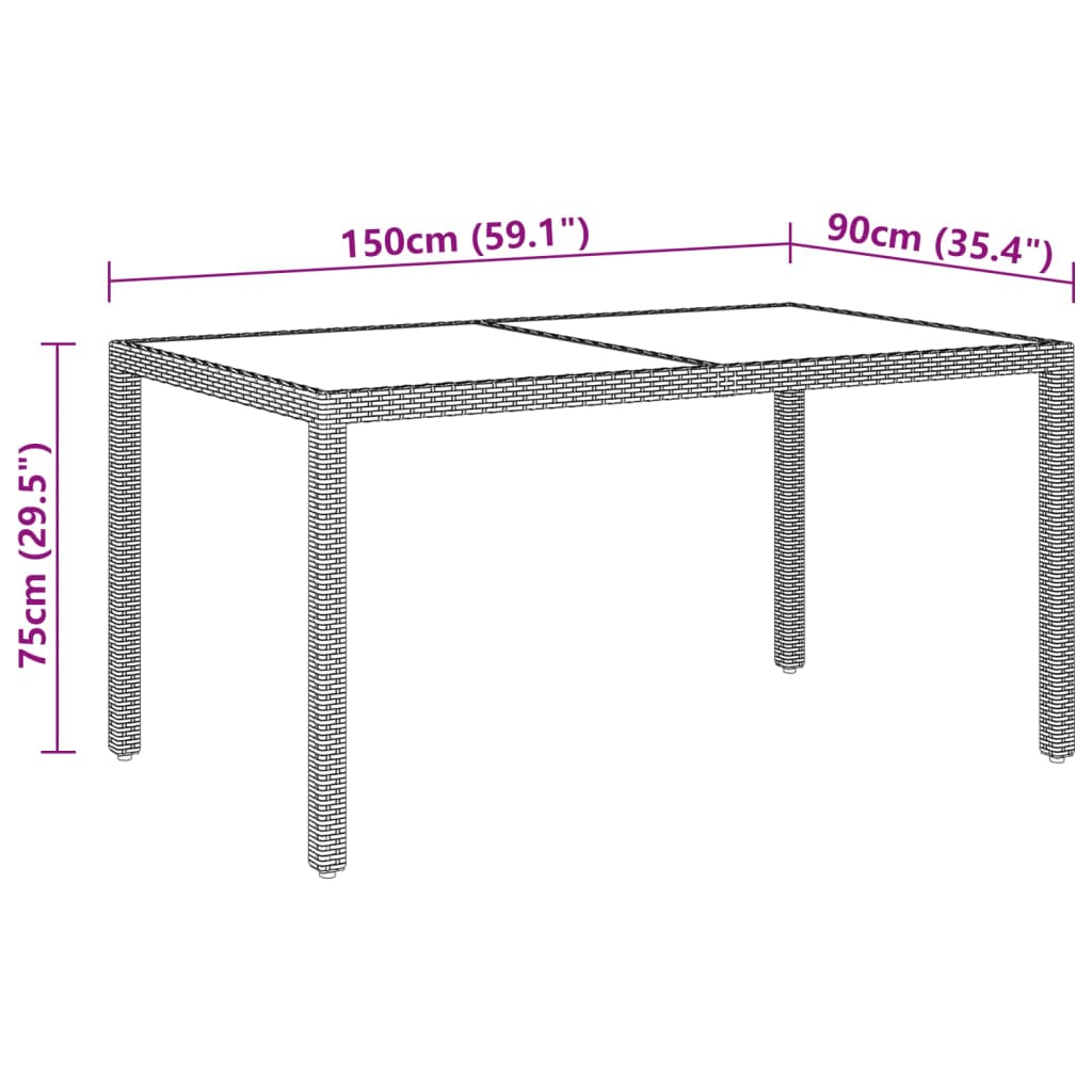 Gartentisch 150x90x75 cm Hartglas und Poly Rattan Grau