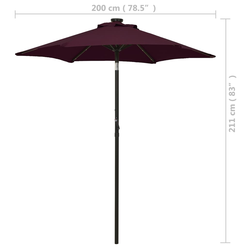 Sonnenschirm mit LED-Beleuchtung Bordeauxrot 200x211 cm Alu