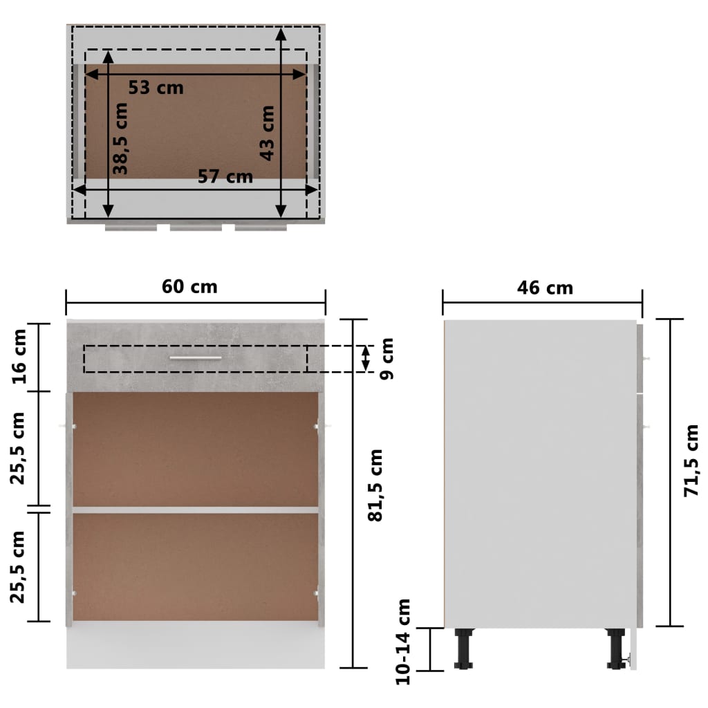 Schubunterschrank Betongrau 60x46x81,5 cm Holzwerkstoff