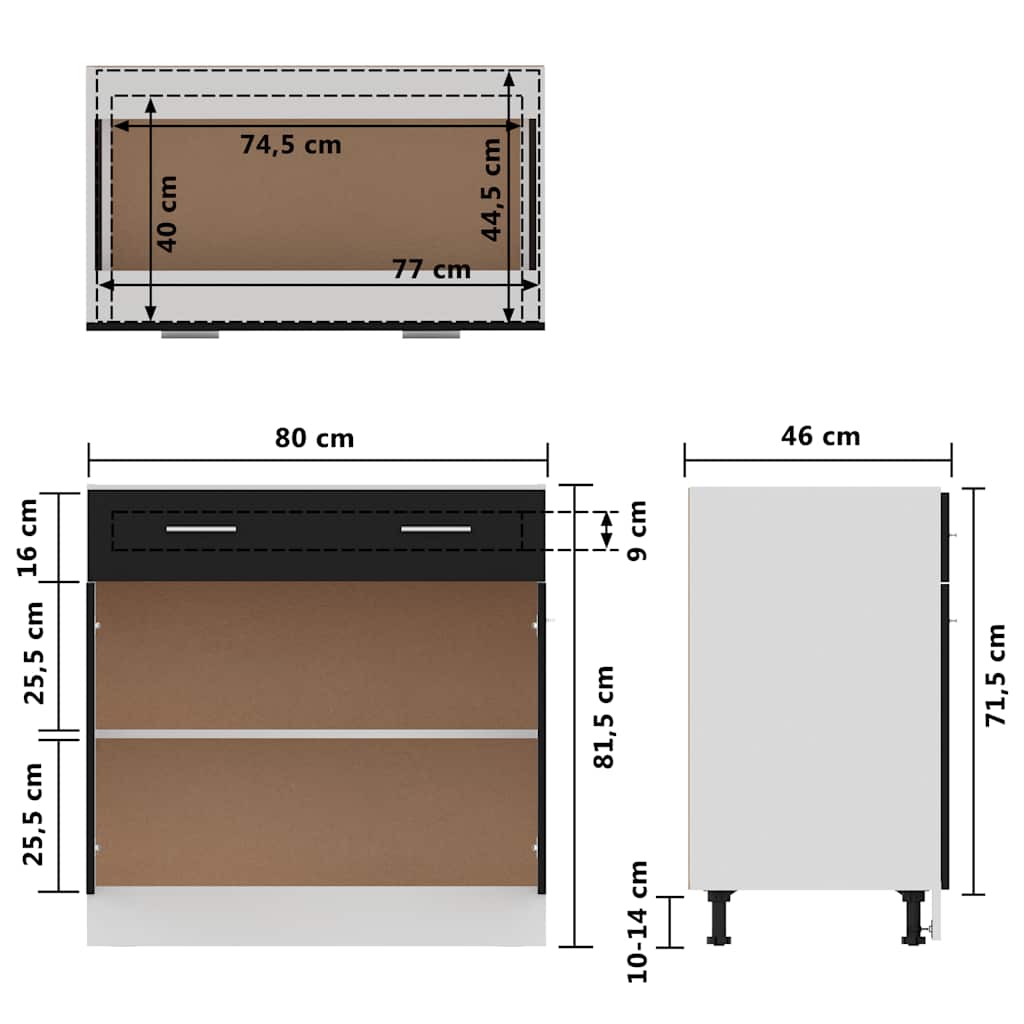 Schubunterschrank Lyon Schwarz 80x46x81,5 cm Holzwerkstoff