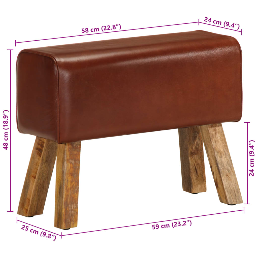 Sitzbank Turnbock-Design 58cm Braun Echtleder Mango Massivholz