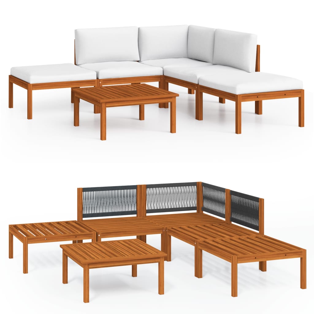 6-tlg. Garten-Lounge-Set mit Kissen Cremefarbenes Holz Akazie & Seil