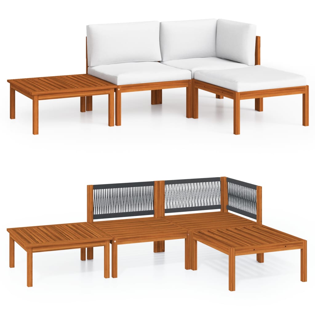 4-tlg. Garten-Lounge-Set mit Kissen Cremefarbenes Holz Akazie & Seil