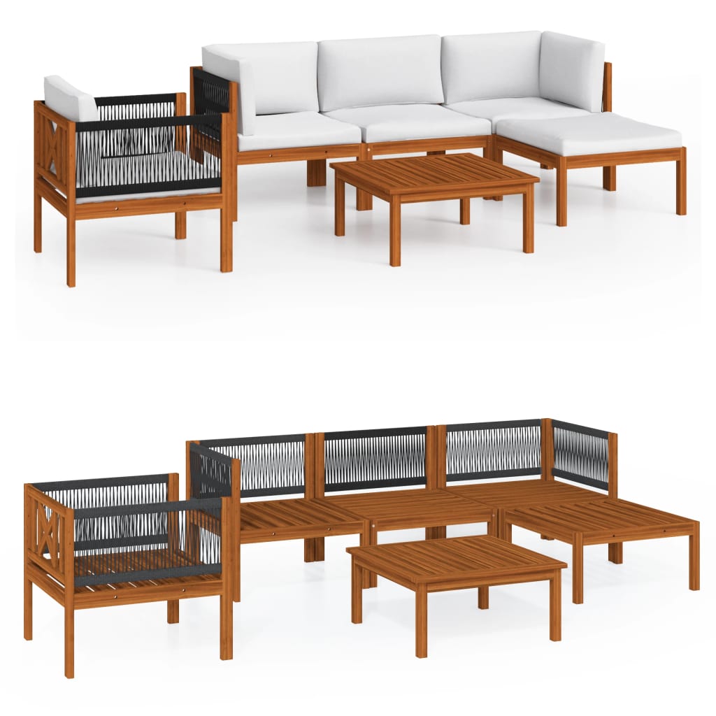 6-tlg. Garten-Lounge-Set mit Kissen Cremefarbenes Holz Akazie & Seil