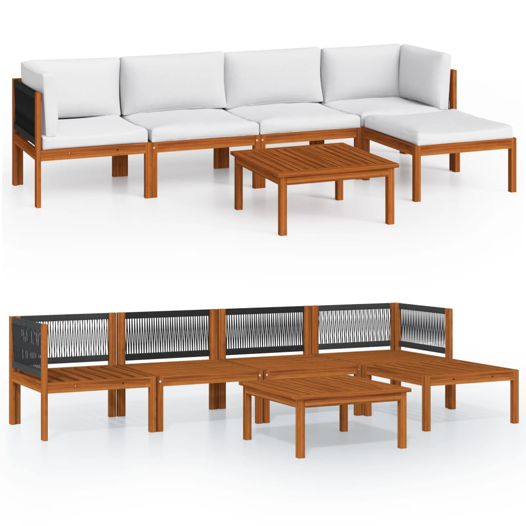 6-tlg. Garten-Lounge-Set mit Kissen Cremefarbenes Holz Akazie & Seil