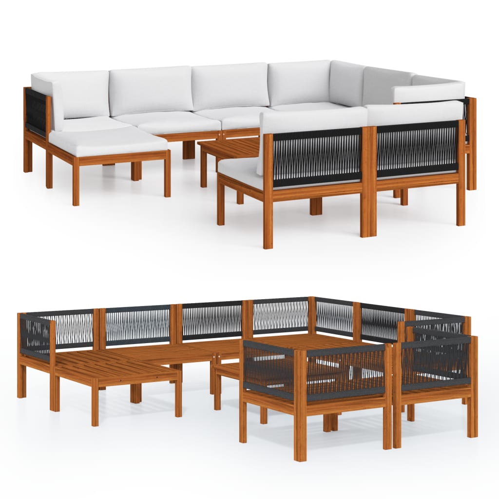 10-tlg. Garten-Lounge-Set mit Kissen Cremefarbenes Holz Akazie & Seil