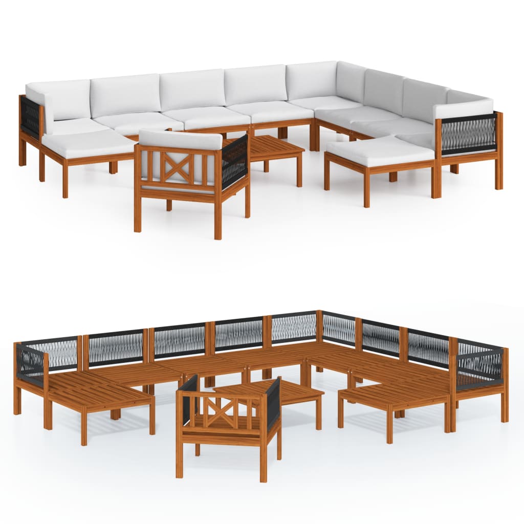 12-tlg. Garten-Lounge-Set mit Kissen Cremefarbenes Holz Akazie & Seil