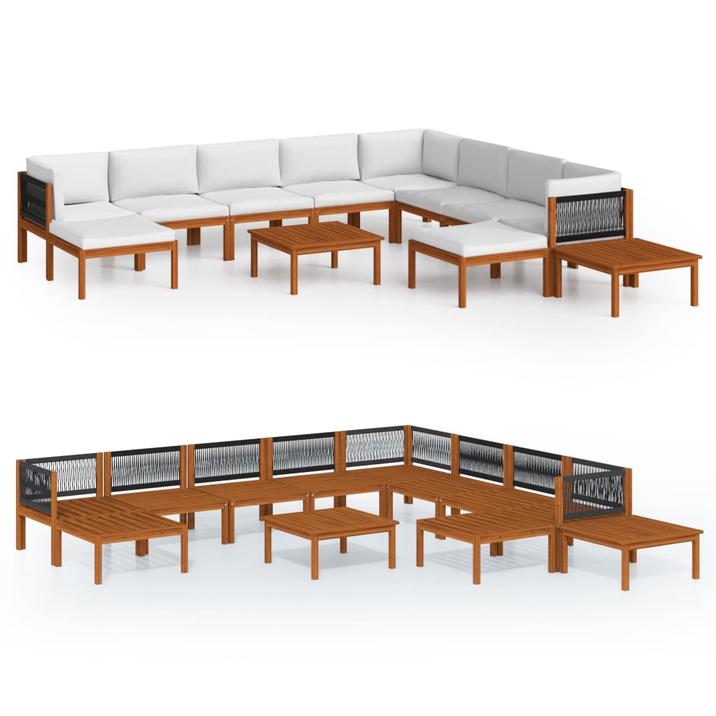 12-tlg. Garten-Lounge-Set mit Kissen Cremefarbenes Holz Akazie & Seil
