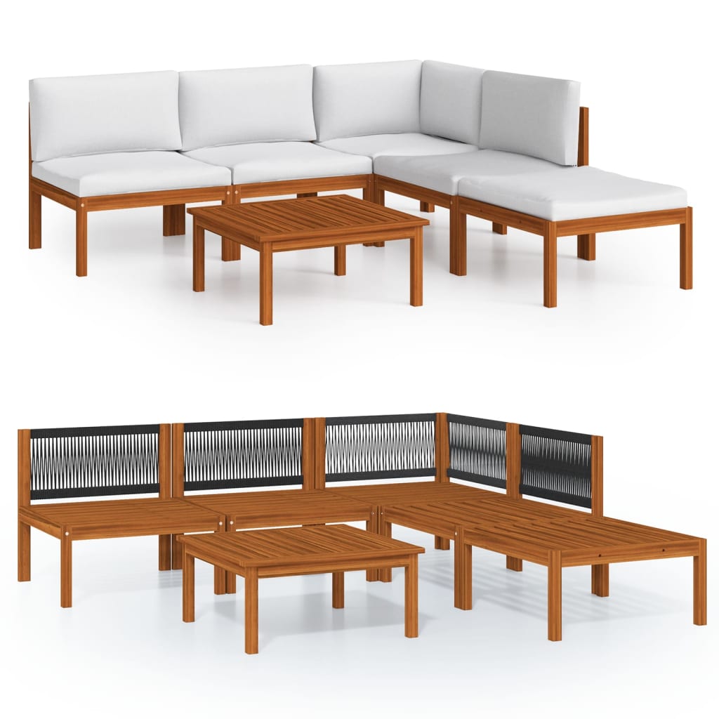 6-tlg. Garten-Lounge-Set mit Kissen Cremefarbenes Holz Akazie & Seil