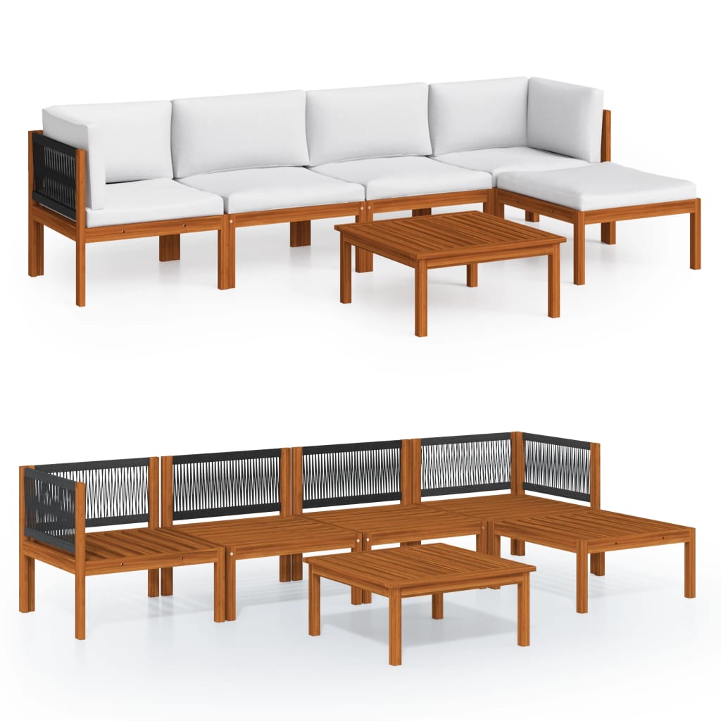6-tlg. Garten-Lounge-Set mit Kissen Cremefarbenes Holz Akazie & Seil