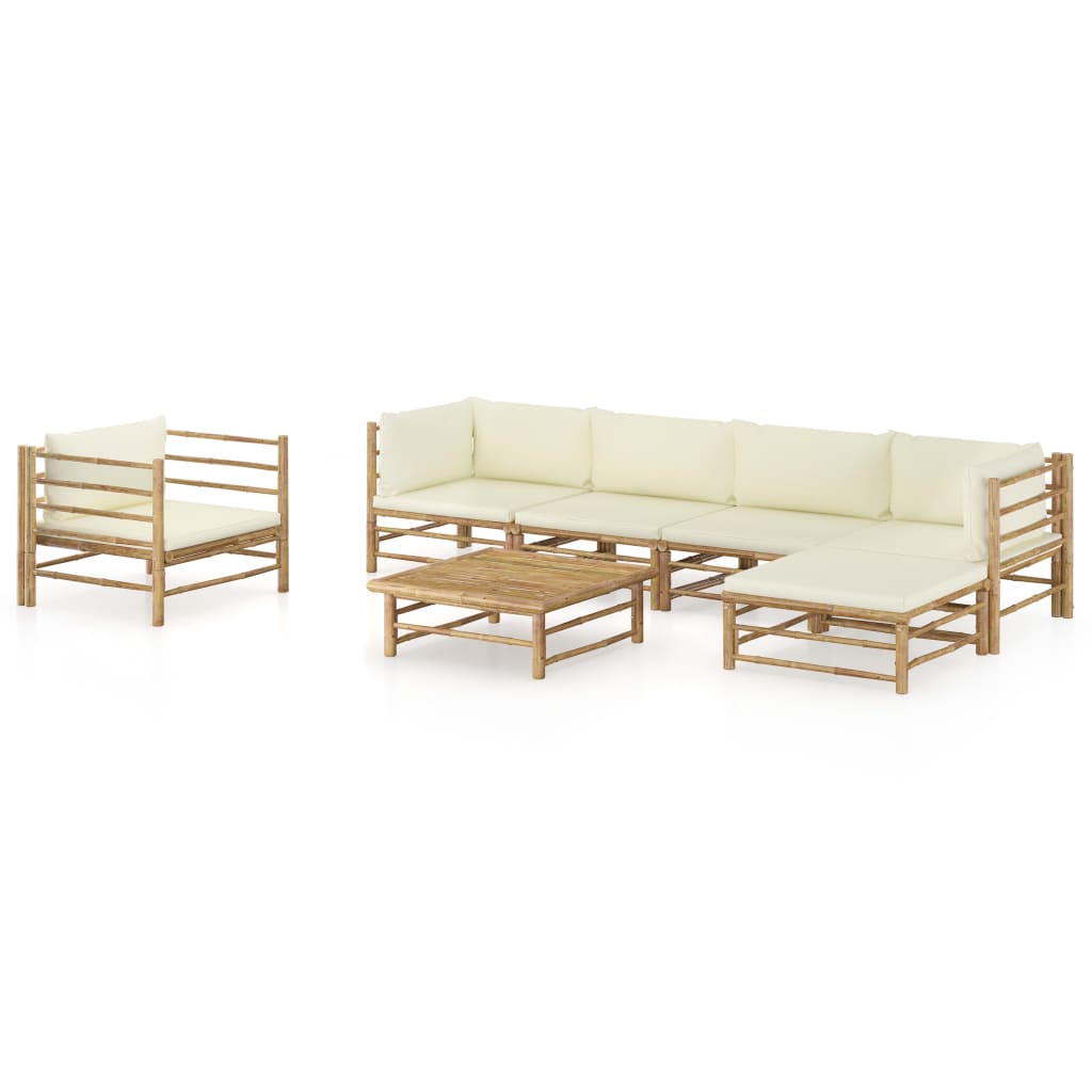 7-tlg. Garten-Lounge-Set mit Cremeweißen Kissen Bambus