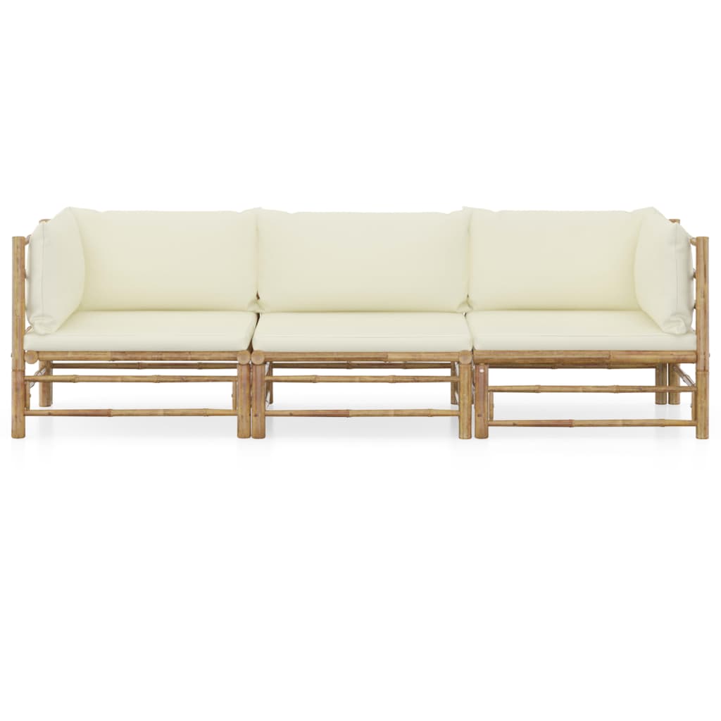 3-tlg. Garten-Lounge-Set mit Cremeweißen Kissen Bambus