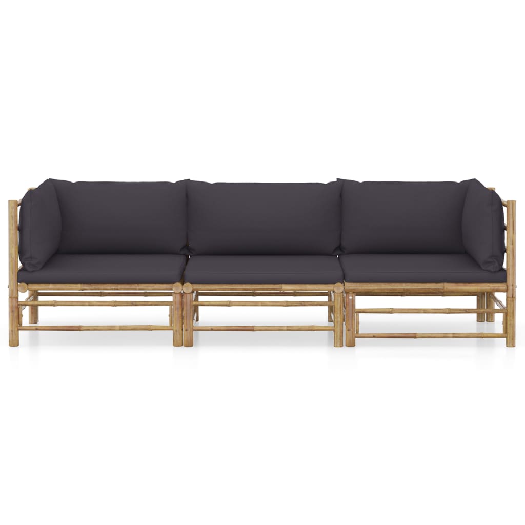 3-tlg. Garten-Lounge-Set mit Dunkelgrauen Kissen Bambus